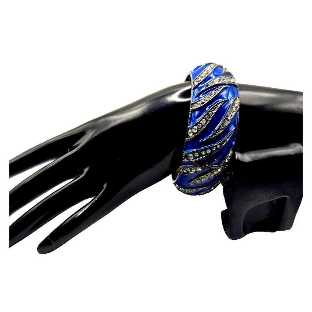 60s thick electric blue enamel and rhinestone clamper cuff bangle bracelet